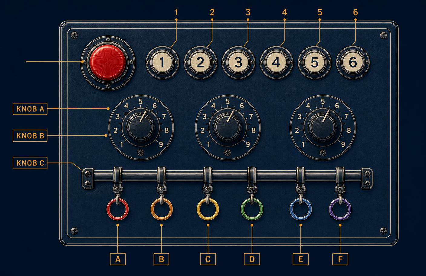 Labelled diagram of the Perfex multi-tasking panel showing the hot shot button, numbered buttons 1 to 6, knobs A to C and hooks A to F holding coloured rings